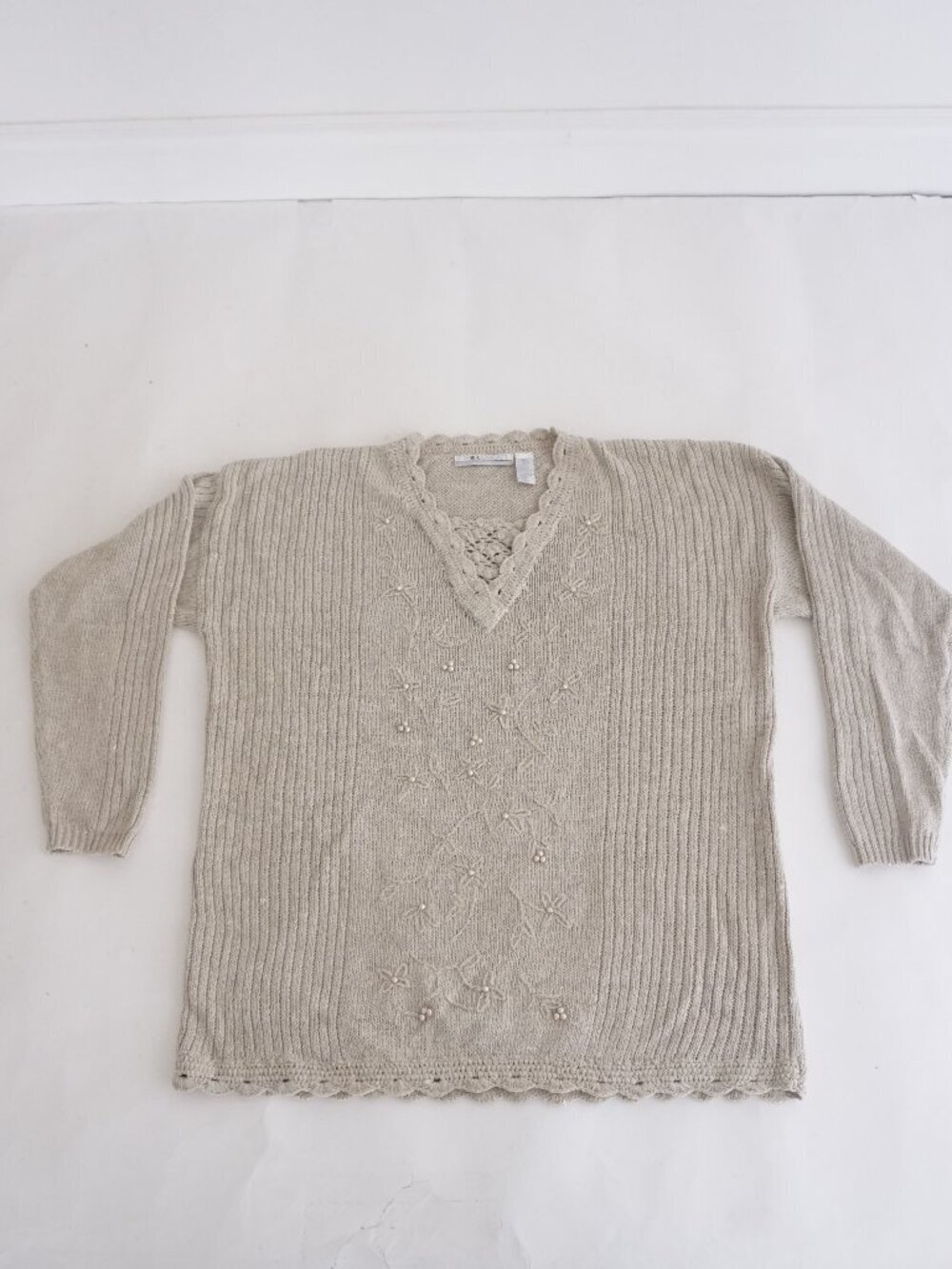 Vintage Chinawear Beige Floral Pearl Crochet Cottage Knit Sweater Romantic XL